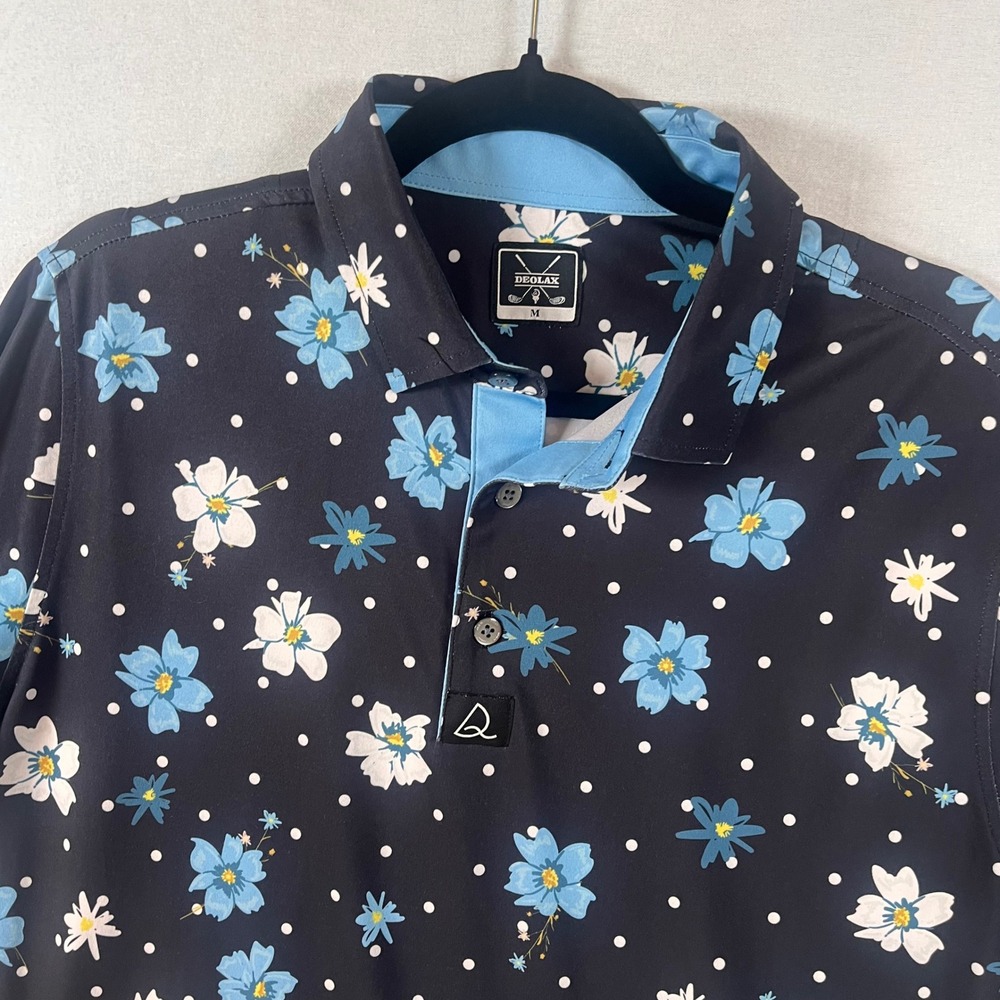 DEOLAX Golf Polo Shirt Mens Medium Blue Floral Print Performance Stretch Navy